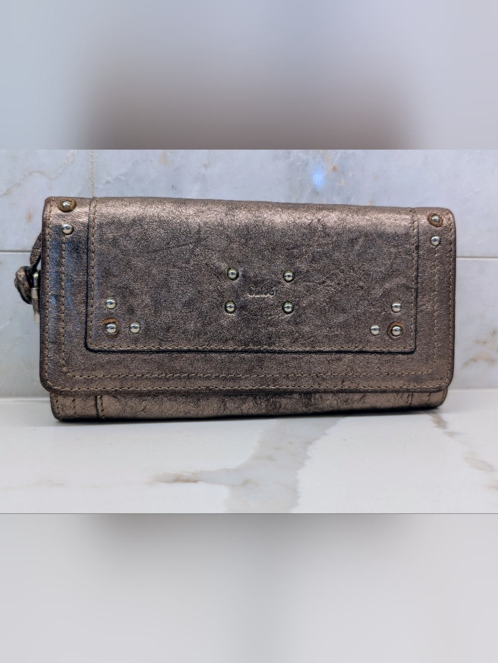 Chloe Metallic Bronze Leather Wallet with Stud Accents